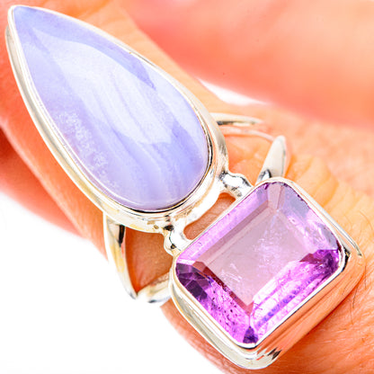 Gemstone ring with lavender teardrop cabochon and purple square stone, silver-tone split band