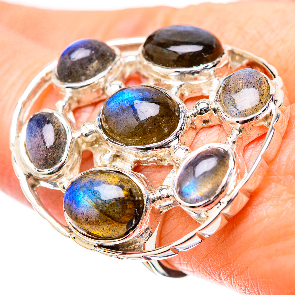 Sterling silver labradorite oval ring with multicolor blue and yellow stones