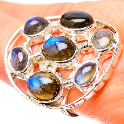 Sterling silver labradorite oval ring with multicolor blue and yellow stones