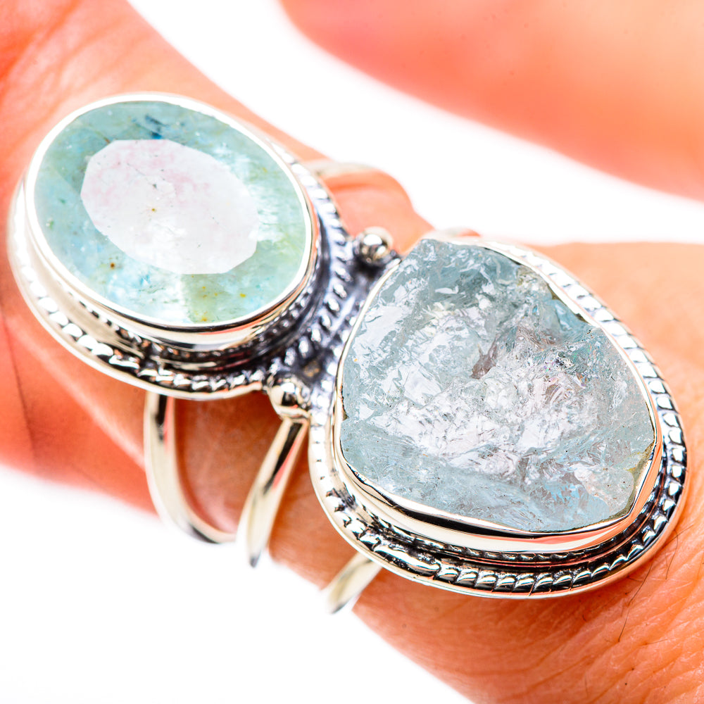 Sterling silver double oval aquamarine ring on hand, textured bezel, size 7