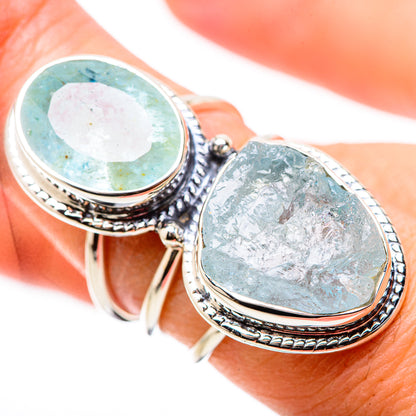 Sterling silver double oval aquamarine ring on hand, textured bezel, size 7