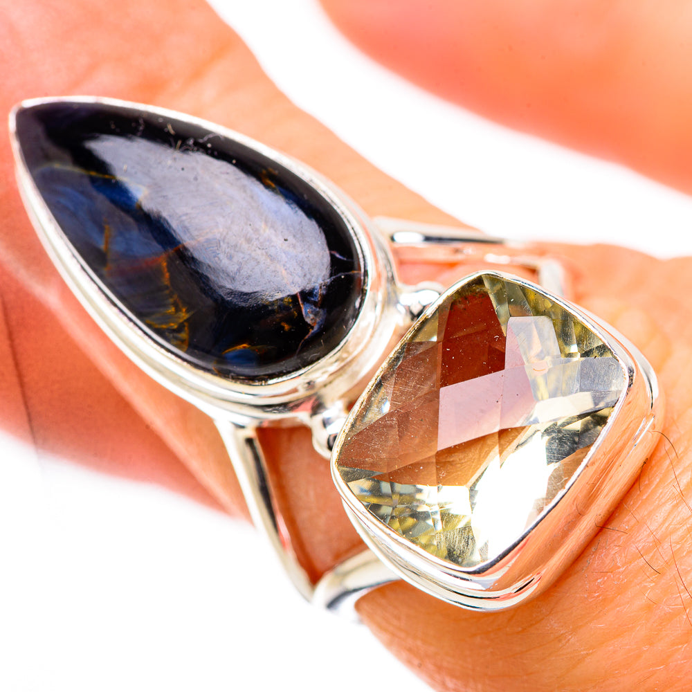 Sterling silver gemstone ring with blue teardrop pietersite and yellow-green stone