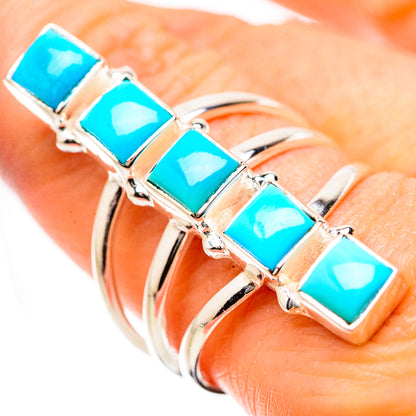Turquoise square-stone 925 sterling silver ring on hand, row of five stones