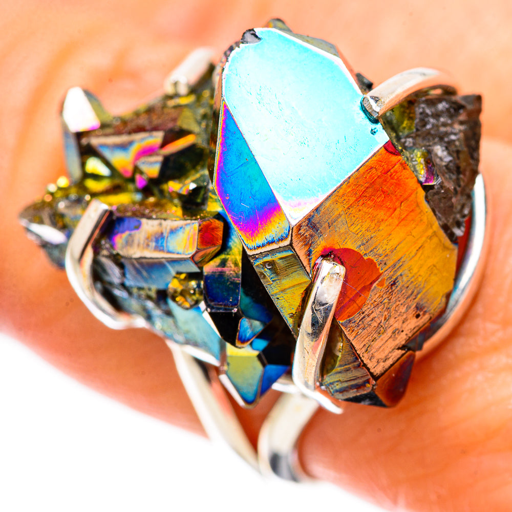 Sterling silver drusy ring with large faceted blue iridescent crystal and accents