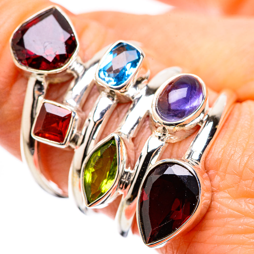 925 sterling silver multi-stone ring with red, blue, purple, and green teardrop gemstones
