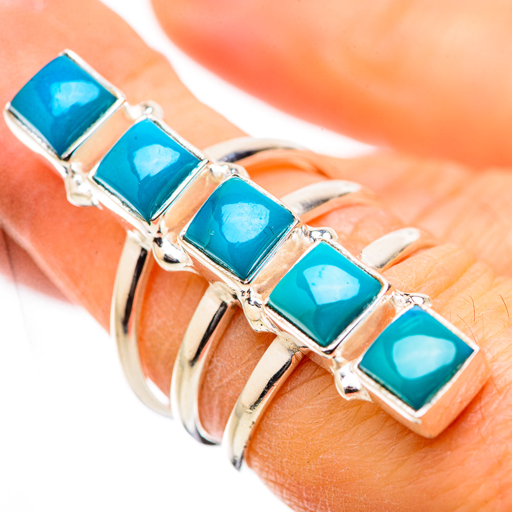 Turquoise square-stone sterling silver ring with linked settings on open band