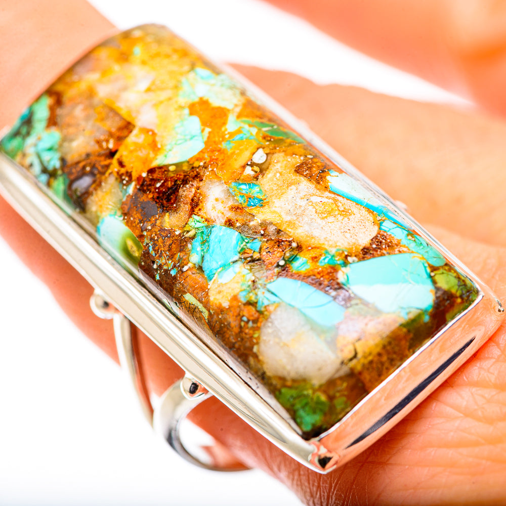 Sterling silver turquoise inlay rectangle ring with bezel setting, faceted mosaic stone