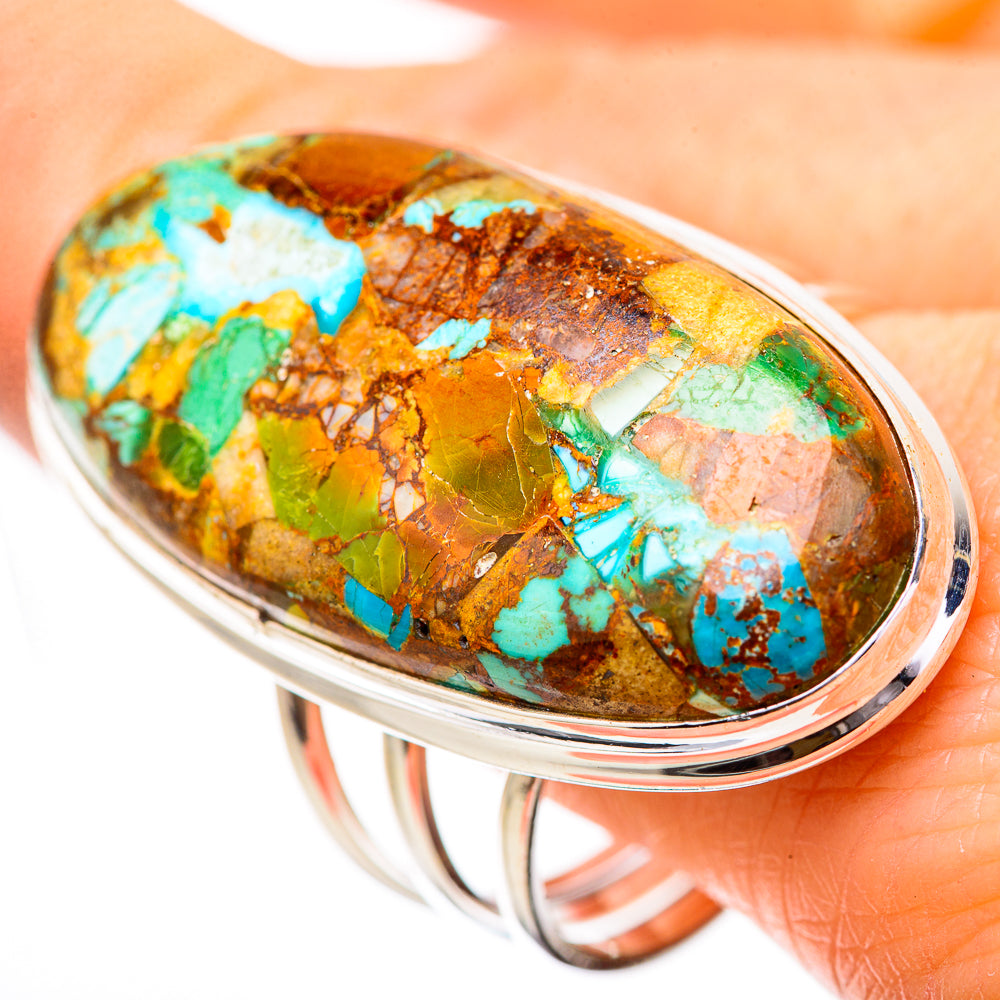 Oval turquoise ring in 925 sterling silver, blue-green stone with brown speckled matrix
