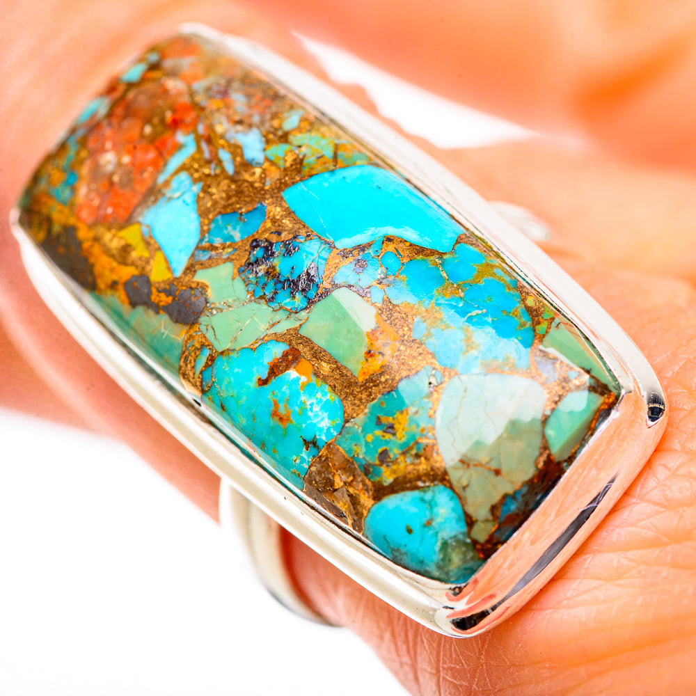 Sterling silver turquoise gemstone ring with large rectangular bezel and mosaic stone inlay
