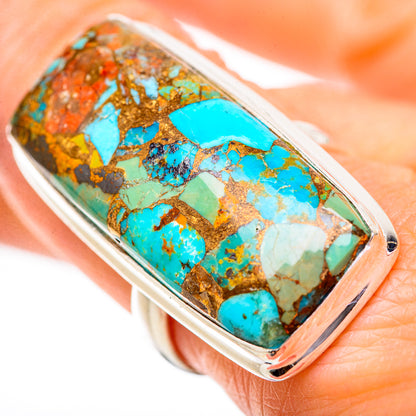 Sterling silver turquoise gemstone ring with large rectangular bezel and mosaic stone inlay