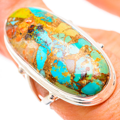 925 sterling silver ring with oval turquoise inlay stone, gold flecks bezel