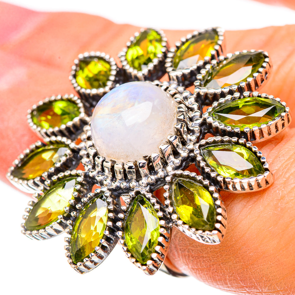 Sterling silver moonstone and peridot ring, ornate bezel with bright green stones