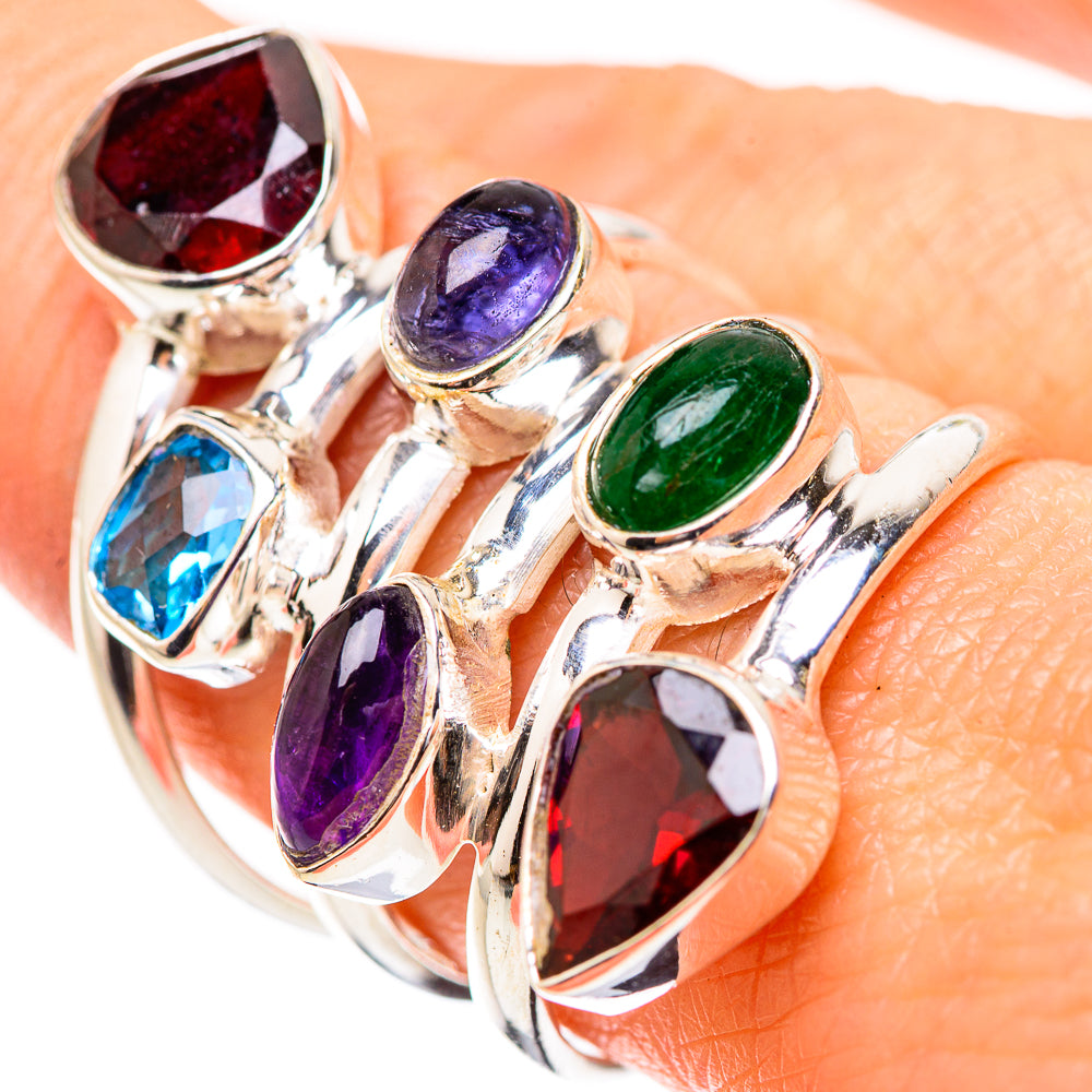 Sterling silver ring with oval garnet, green onyx, amethyst, tanzanite and blue topaz