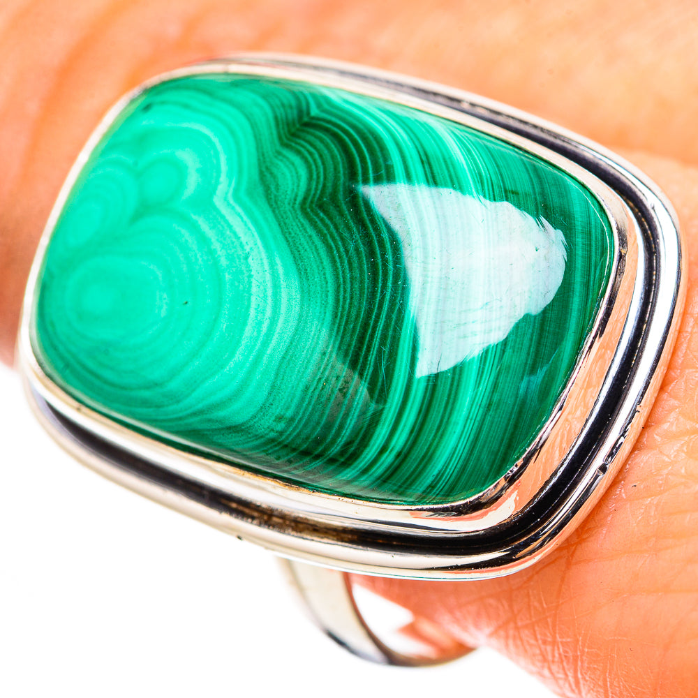 Large malachite ring, close-up oval green stone with silver bezel and rounded shank (10)
