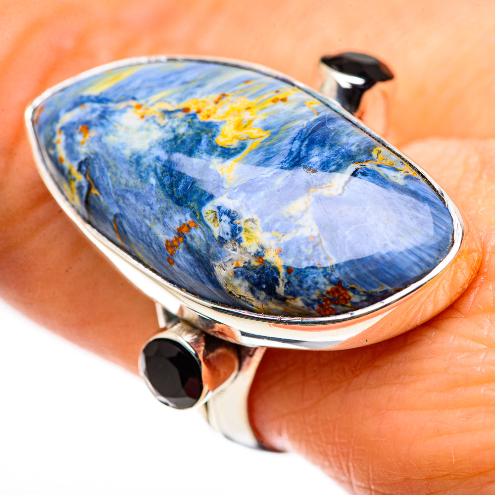 Large oval pietersite ring with blue stone, black onyx accents, polished 925 silver