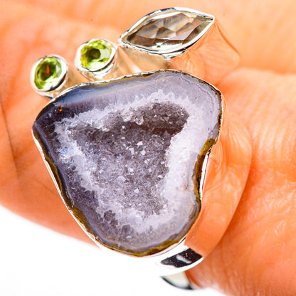 Silver geode druzy ring with peridot green stones and clear quartz