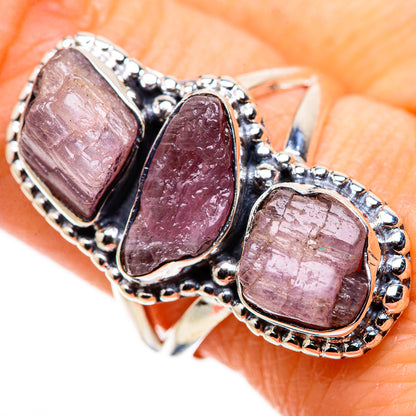 Pink tourmaline sterling silver ring with three oval stones and beaded settings
