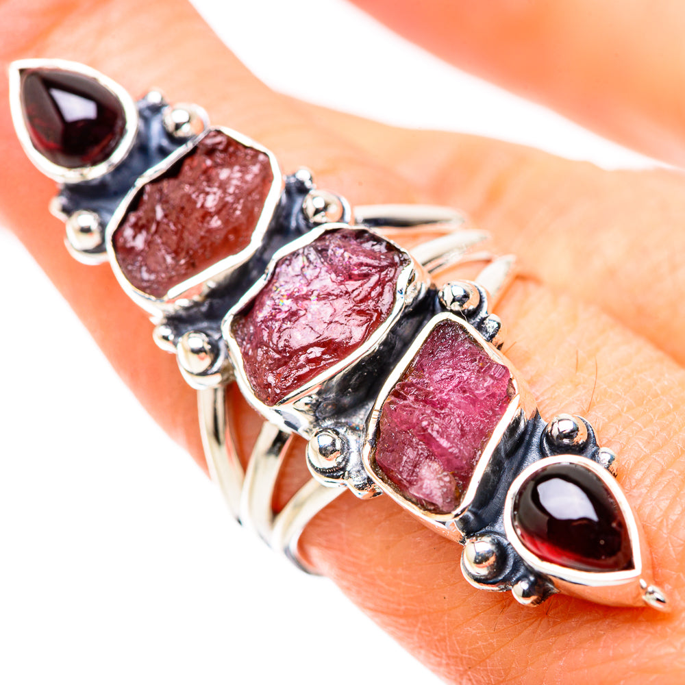 Rough pink stone ring with dark red teardrop settings on 925 sterling silver band