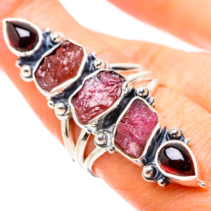 Rough pink stone ring with dark red teardrop settings on 925 sterling silver band