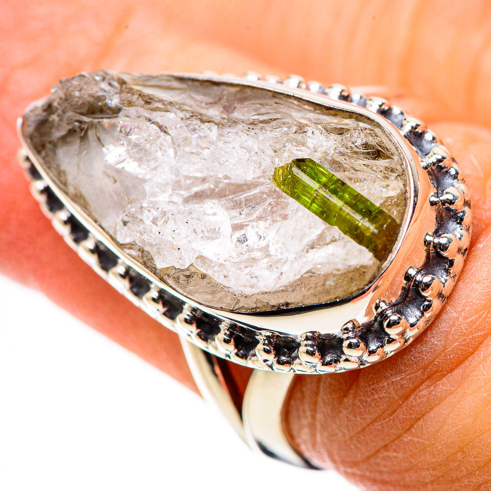 Sterling silver bezel-set quartz ring with green tourmaline and bead halo
