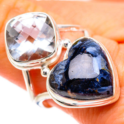 925 sterling silver ring with clear oval stone and blue heart pietersite