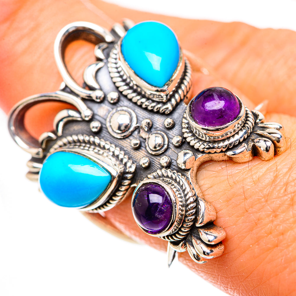 Turquoise and amethyst gemstone ring in sterling silver with ornate raised setting