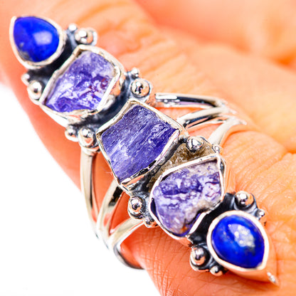 Sterling silver rough gemstone ring with purple square stones and blue oval accents