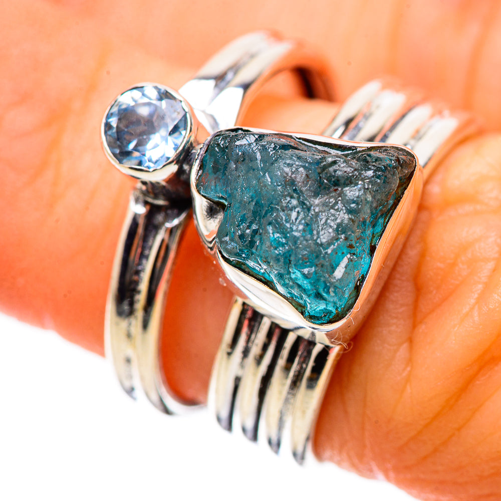 Sterling silver ring with round blue topaz and rough blue-green apatite stones