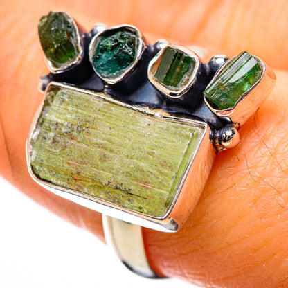 Sterling silver ring with green tourmaline cabochons and geometric bezel settings
