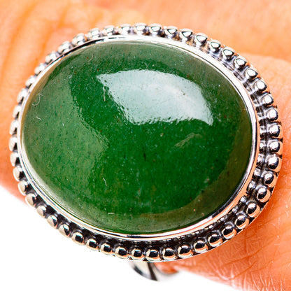 Size 9 oval green aventurine cabochon ring, silver beaded bezel
