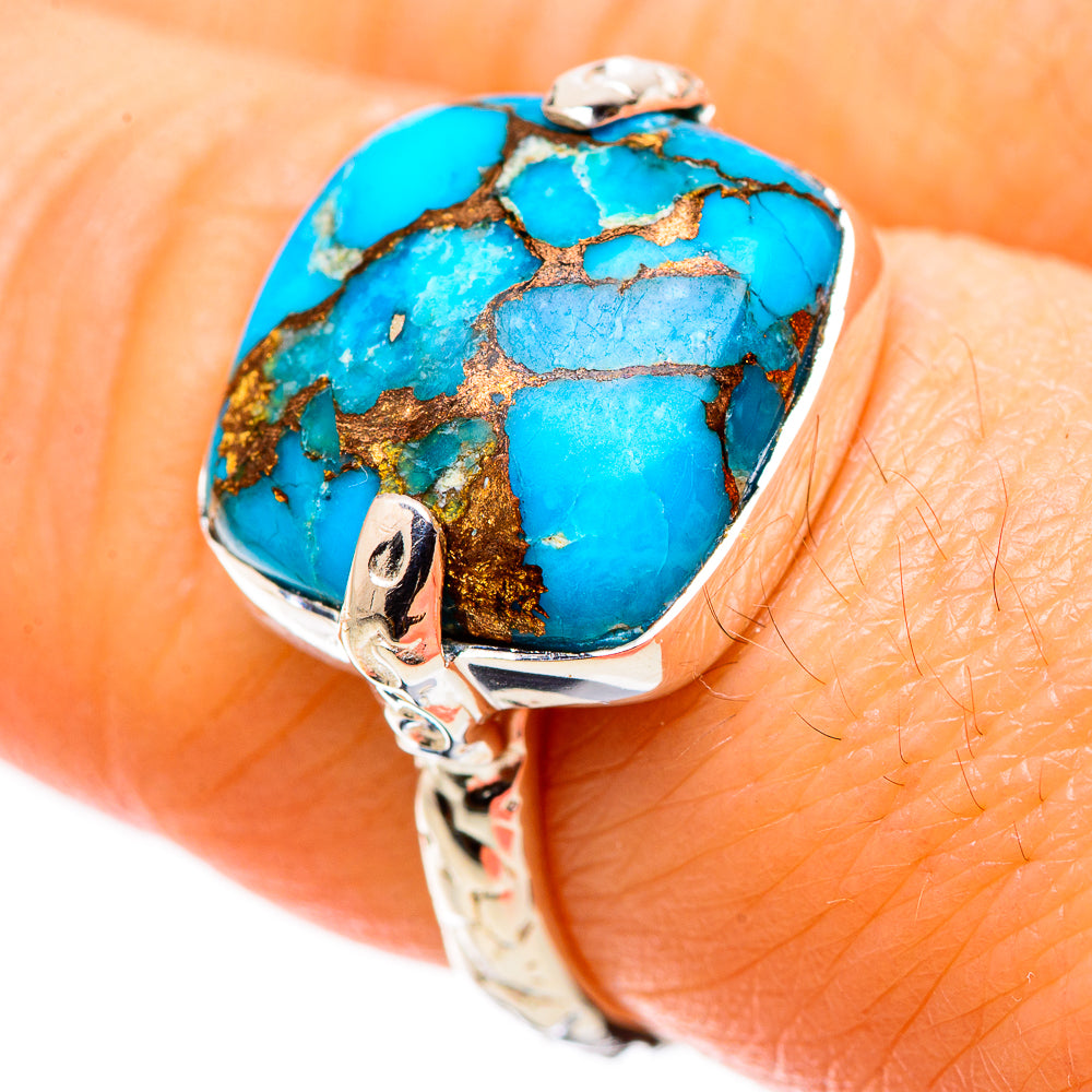 Sterling silver oval turquoise cabochon ring, blue matrix stone, ornate setting