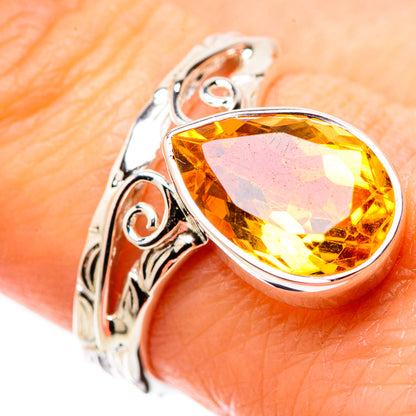 Sterling silver citrine ring, size 8, faceted yellow citrine bezel with scrollwork
