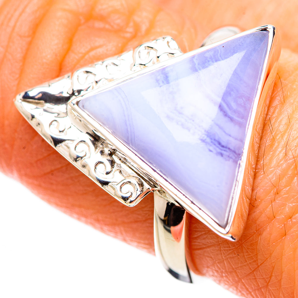 Triangular blue lace agate ring, 925 sterling silver with decorative filigree bezel