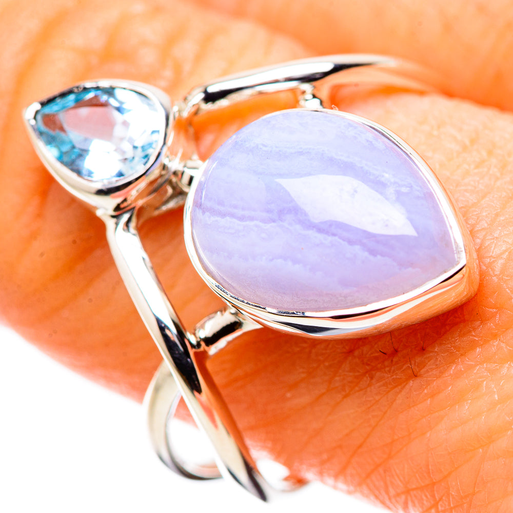 Oval light purple lace agate and blue topaz pear set in sterling silver ring