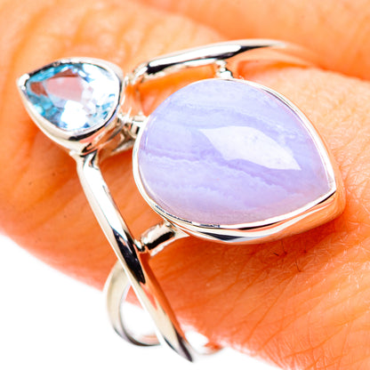 Oval light purple lace agate and blue topaz pear set in sterling silver ring