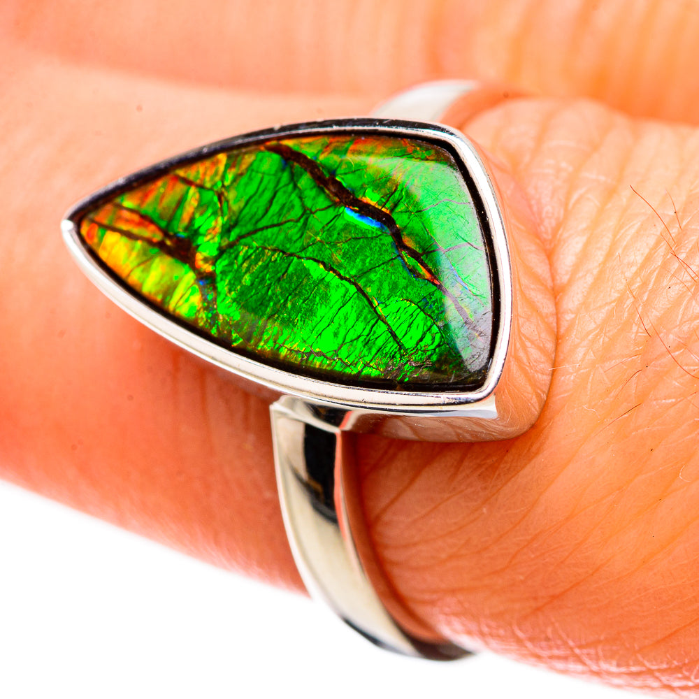 AAA Canadian ammolite ring size 7.5 in 925 sterling silver, green iridescent teardrop gem