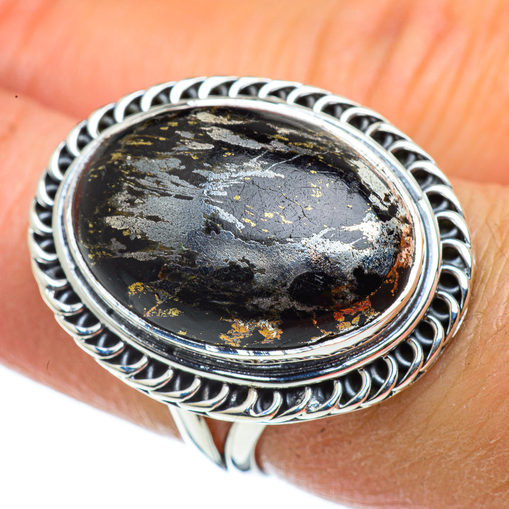Pyrite In Black Onyx Rings handcrafted by Ana Silver Co - RING43369