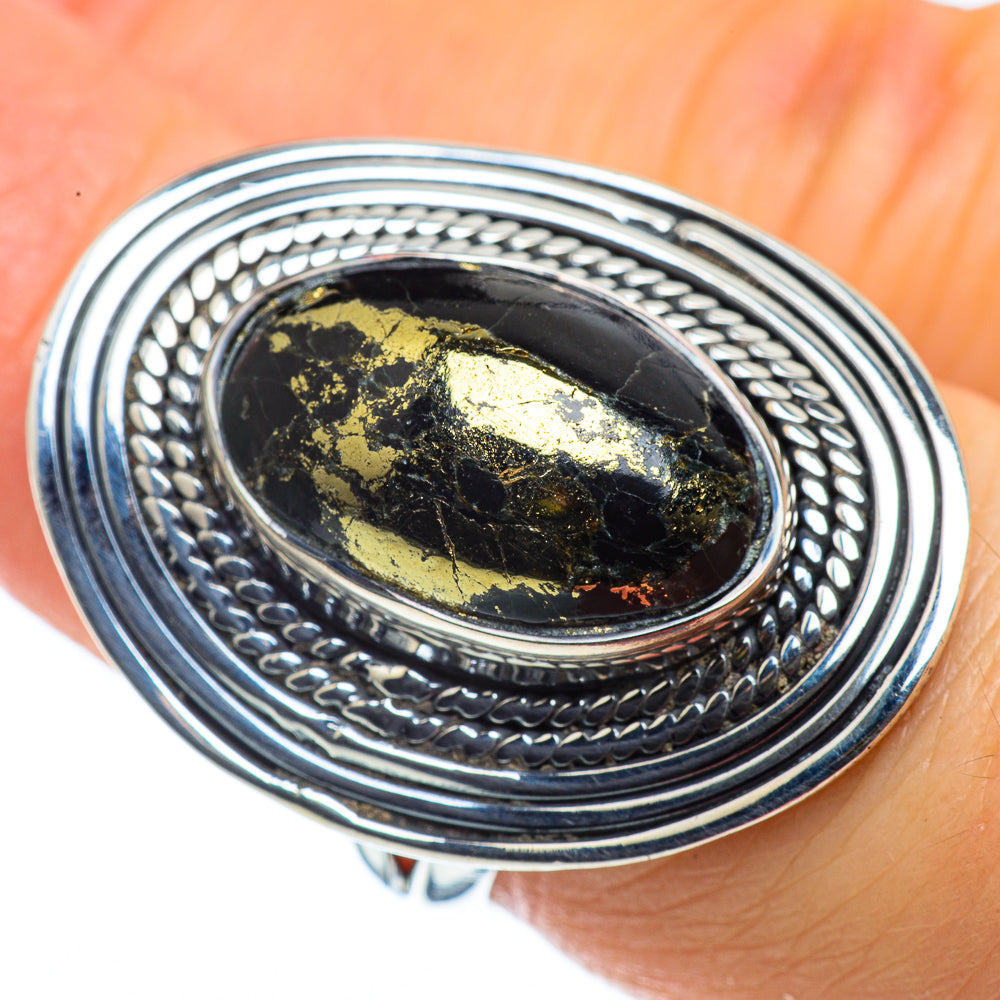 Pyrite In Black Onyx Rings handcrafted by Ana Silver Co - RING43538