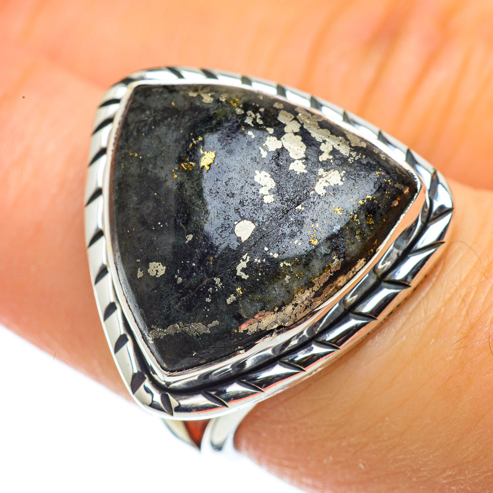 Pyrite In Black Onyx Rings handcrafted by Ana Silver Co - RING43637