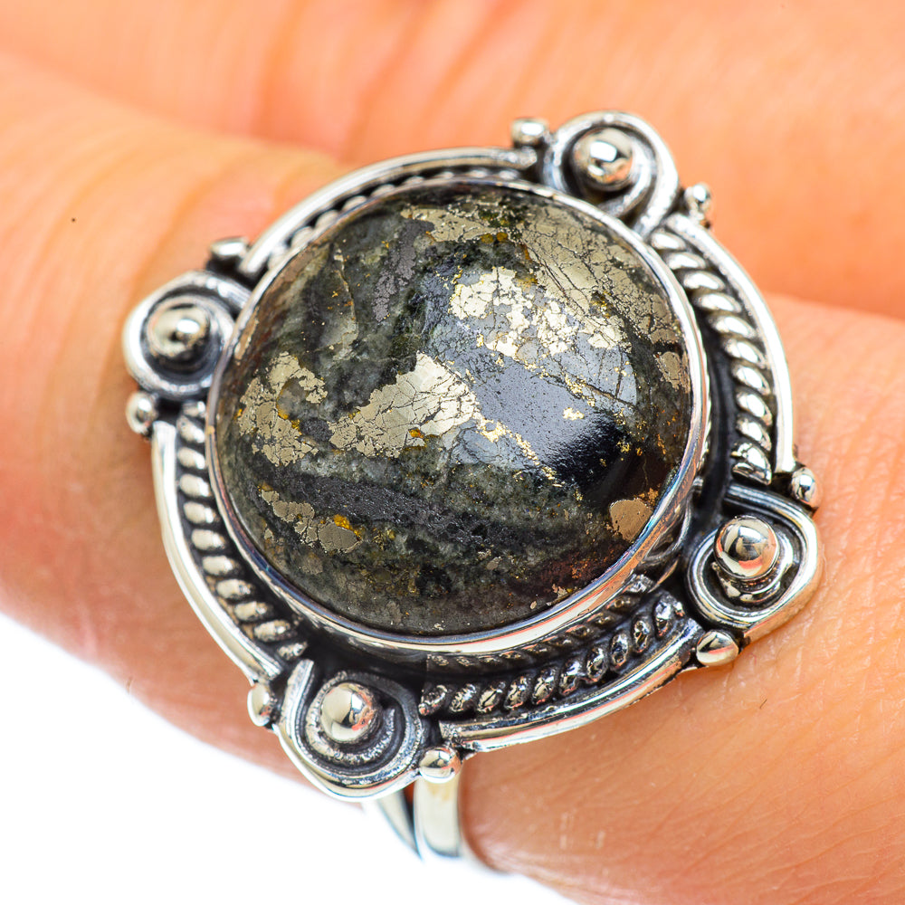 Pyrite In Black Onyx Rings handcrafted by Ana Silver Co - RING43981