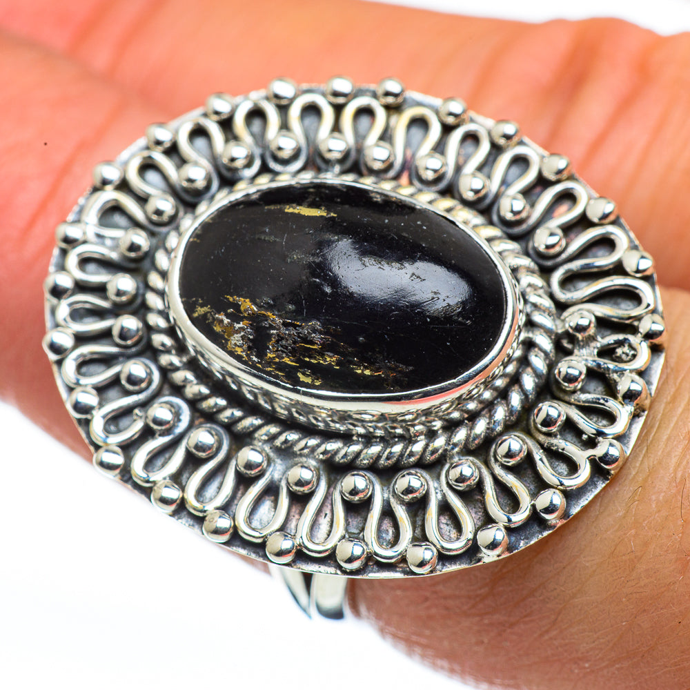 Pyrite In Black Onyx Rings handcrafted by Ana Silver Co - RING44679
