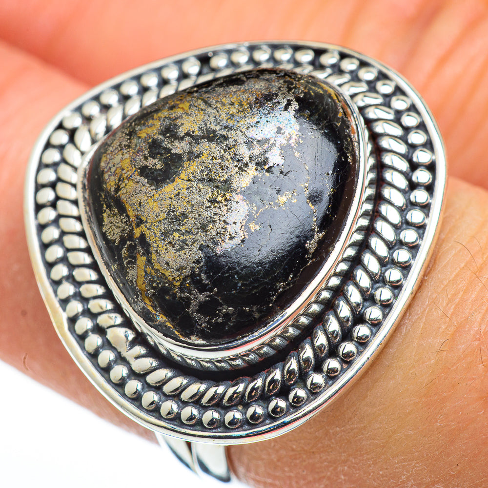 Pyrite In Black Onyx Rings handcrafted by Ana Silver Co - RING45700