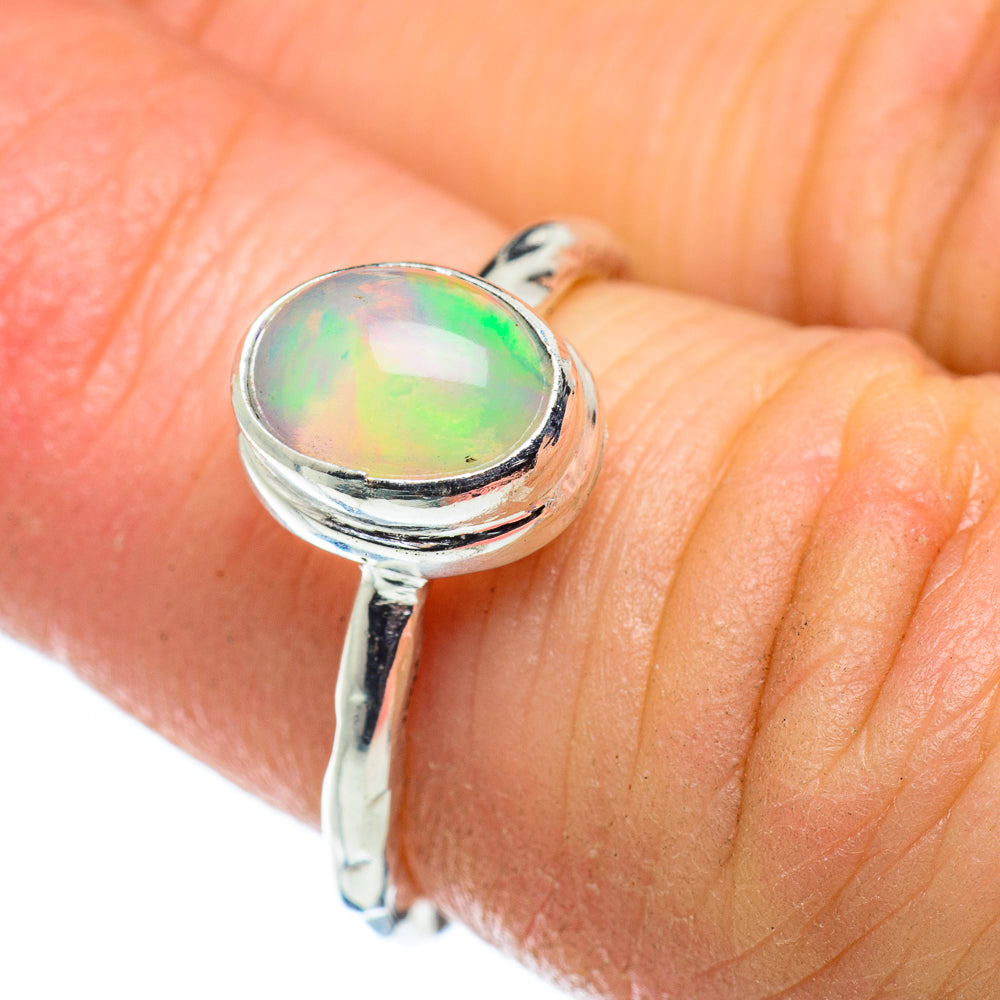 Oval Ethiopian opal ring in 925 sterling silver, green iridescent center