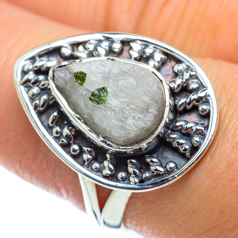 Sterling silver ring with oval gray quartz and two green tourmaline accents