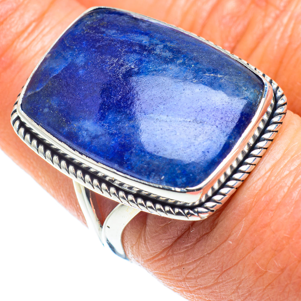 Blue sodalite cabochon sterling silver ring, textured rope edge and square face