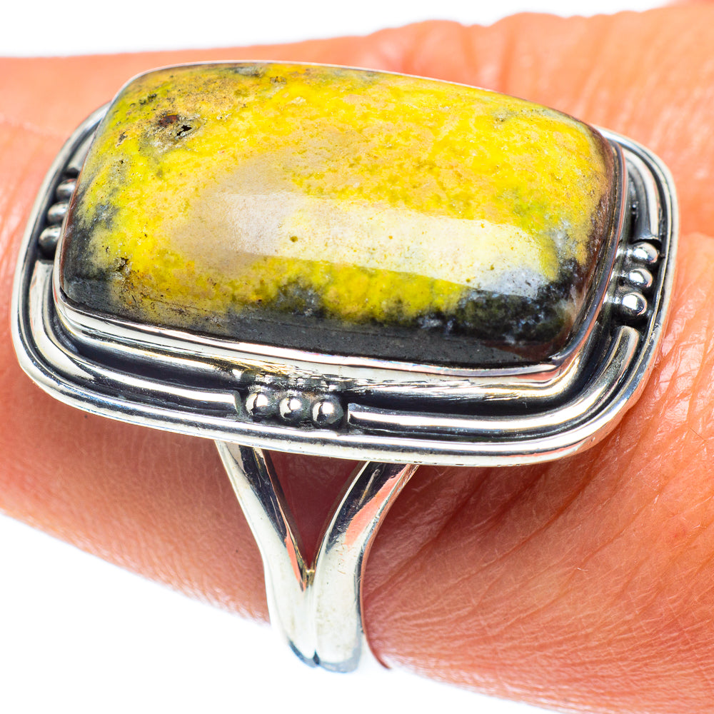 Bumble Bee Jasper ring, 925 sterling silver oval bezel with yellow speckled stone