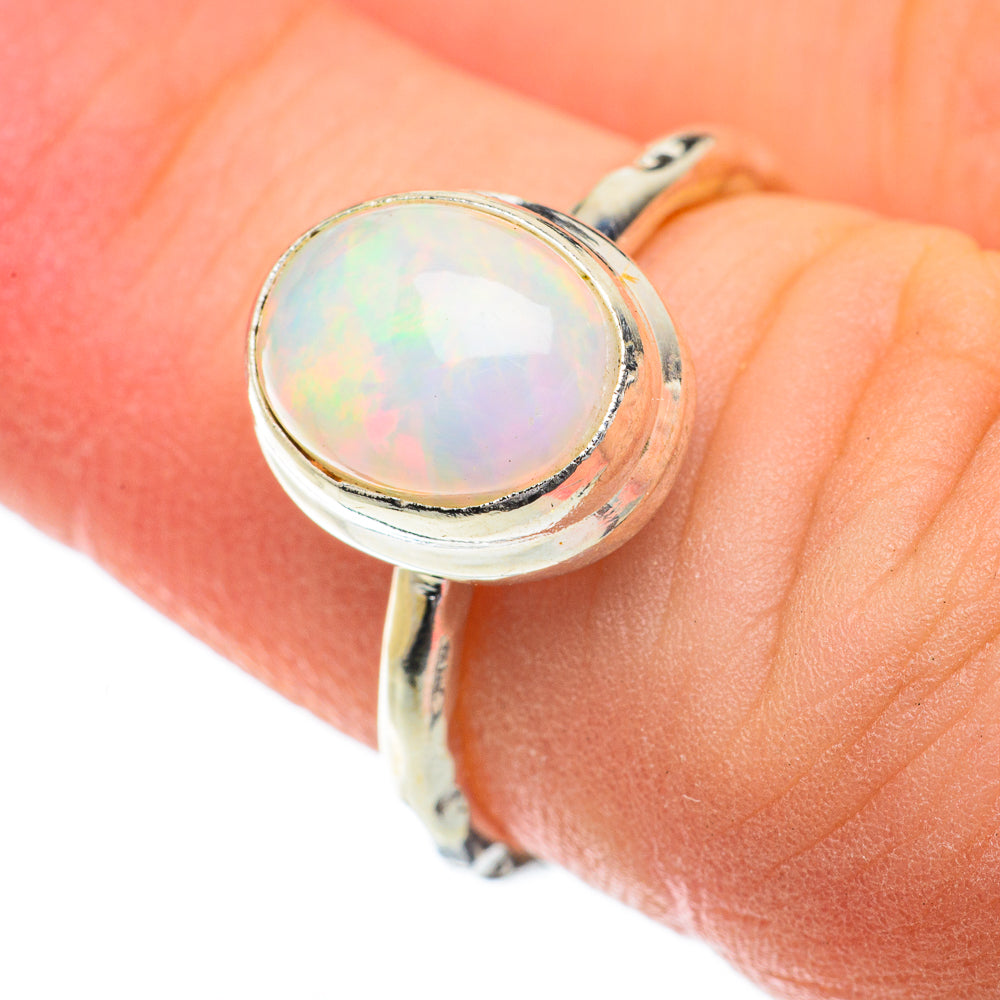 925 sterling silver opal ring with round iridescent opal, size 5.25