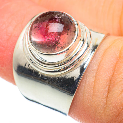 Sterling silver ring with large round pink gemstone cabochon and layered metal bands
