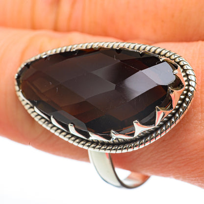 Sterling silver gemstone ring with large dark smoky oval faceted stone and rope edge