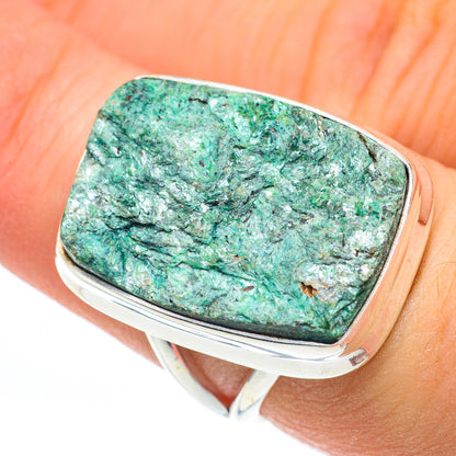 Green fuchsite gemstone ring with silver bezel, oval-edged rectangle top